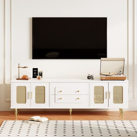 Meuble TV lowboard style rétro - Porte rotin & poignées dorées - Pieds métal - Rangement spacieux (1/5)