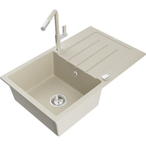 Mexen Bruno fregadero de granito de 1 cubeta con escurridor y grifo de cocina Flora, beige - 6513-69-670401-09 (1/5)
