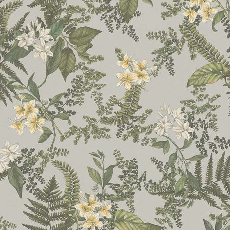 Papier peint nature floral vert et jaune Tapisserie botanique pour cuisine et salon Papier peint à fleurs sur fond gris idéal bureau (1/3)