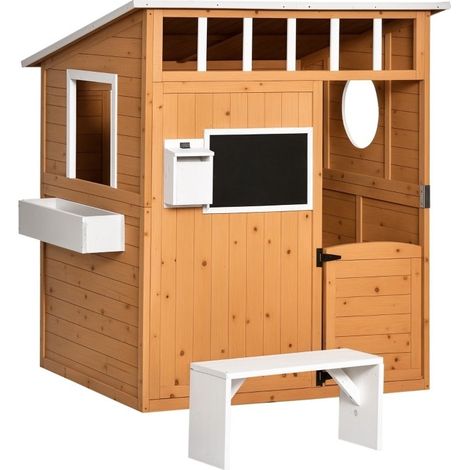 Maison de jeu en bois naturel avec boîte aux lettres et bac à fleurs, finition naturelle