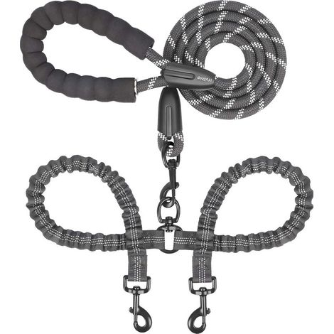 Doppelte Hundeleine – 360° drehbar, verwicklungsfrei, mit stoßdämpfendem Gummiband für zwei Hunde (groß, 11 bis 68 kg, schwarz)