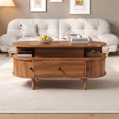 Table basse ovale relevable 105x50x60,5cm, mécanisme hydraulique, rangement caché, 2 niches, 1 grand tiroir, 2 portes coulissantes, MDF (1/5)