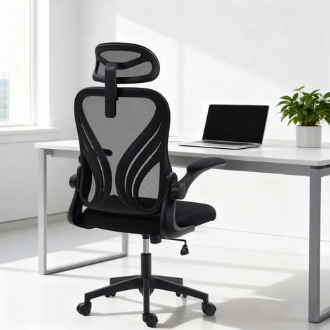Chaise bureau. fauteuil de bureau en maille. dossier rabattable. appui-tête 2D. accoudoirs relevables. 73x62x136cm. noir