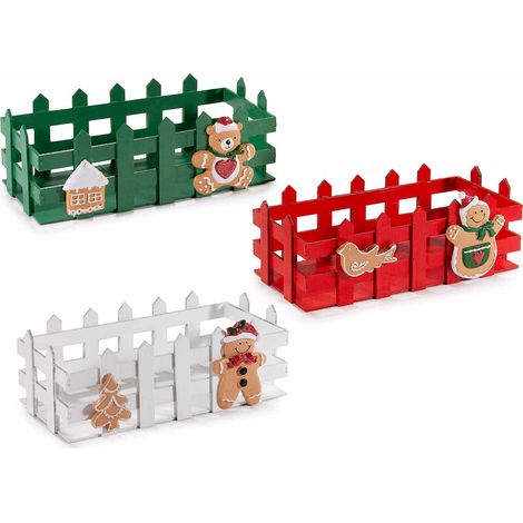 Cassette a cestino di Natale in legno a staccionata con decori pan di zenzero in resina, set da 3 pezzi, cm 23 x 11 x 8 H