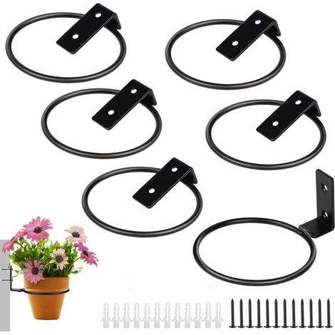 6 x Porte Plante Mural Interieur Exterieur Noir Pliable, Support Mural pour Pots 4 Pouces (Ø10cm), PortePots Anneau en Métal avec Vis (1/5)