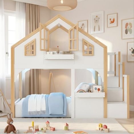 Lettino a soppalco per bambini 90x200 cm a casetta con LED, scala contenitore, finestra (1/5)