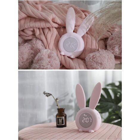 Lntyq Sveglia digitale ad alto volume per bambini, simpatico coniglietto con display della temperatura, snooze, controllo vocale, luce notturna temporizzata, lampada da tavolo e comodino (rosa), 17,5 (1/3)