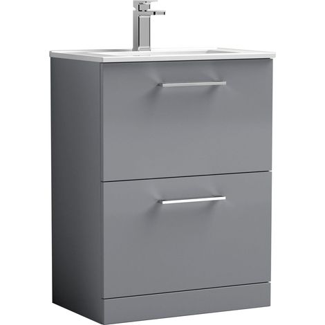 Balterley Modern Bathroom 2 Soft Close Drawer & Minimalist Floor Standing Vanity Unit Basin, Satin Grey, 440mm