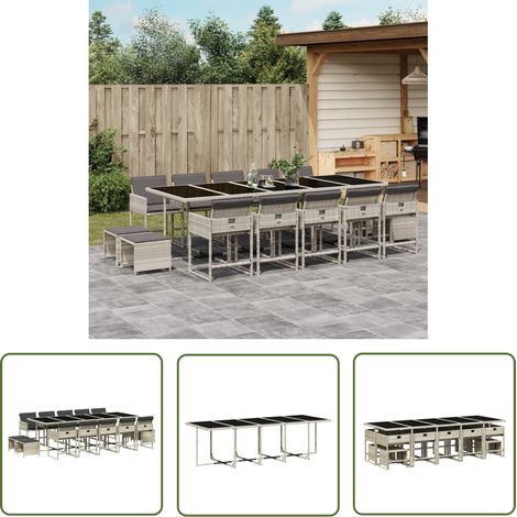 The Living Store 15-tlg. Garten-Essgruppe mit Kissen Hellgrau Poly Rattan - Gartenmöbel Set - Gartentisch - Gartenstühle - Gartenhocker - Rattan Möbel (1/5)