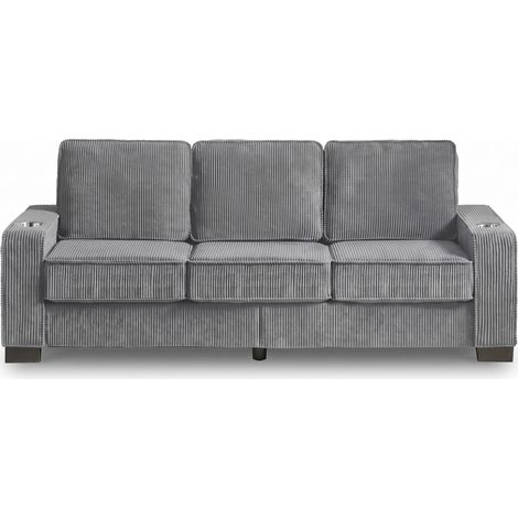 FurnitureR Graues 3-Sitzer Cordsofa mit 2 Getränkehaltern, 206 cm breites Cordsofa mit zwei Getränkehaltern, Schaumstoffsitz und Federung für komfortable Wohnbereiche. (1/5)