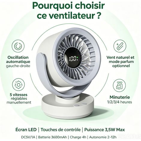 Ventilateur de bureau rechargeable 3600mAh, 5 vitesses, oscillation automatique, écran LED, fonction minuterie, mode vent naturel (1/5)