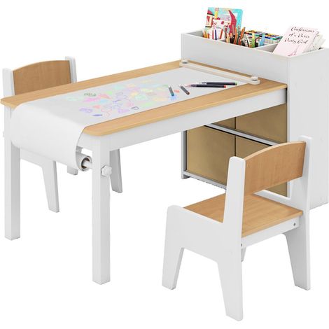 Conjunto de mesa y sillas infantiles 100 x 50,5 x 58 cm con portarrollos y moderno mueble de almacenaje en MDF natural 200017200