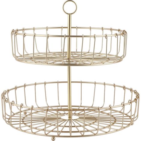 Corbeille à fruits à 2 niveaux, dorée, en fer, ronde, plateau de rangement pour collations de style nordique, pour la cuisine, le bureau ou les fêtes. (1/5)
