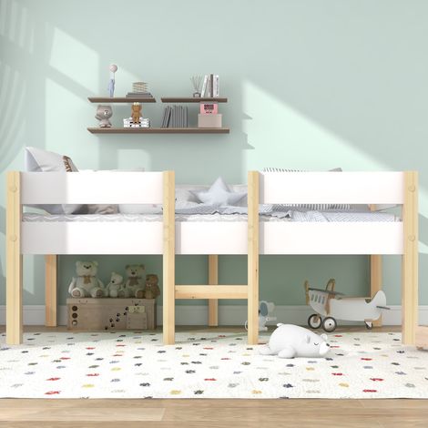 Letto per bambini in legno massello bianco 90x200 cm, semi alto con barriera anticaduta, scala e rete inclusa (1/5)