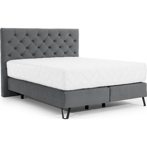 Lit continental capitonné tissu anthracite Pozza avec matelas 30cm en latex et pied métal noir-160x200 (1/5)