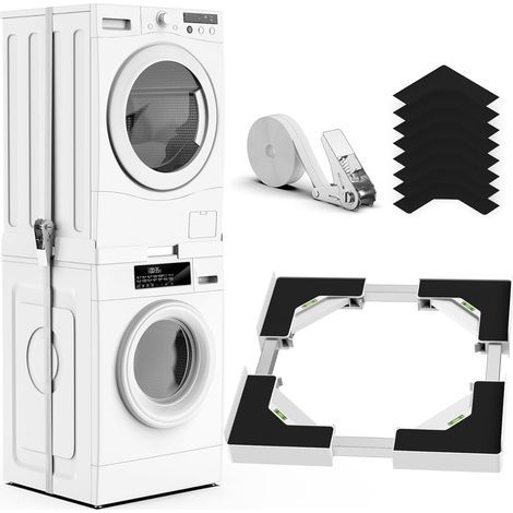 Kit de superposition universel pour lave-linge et sèche-linge, cadre de superposition réglable, compatible avec les lave-linge et sèche-linge de 45 à 68 cm (blanc) [Classe d'efficacité énergétique A] (1/5)