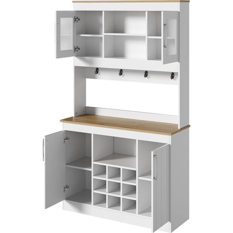 Buffet de cuisine avec vitres, rangement à vin et porte-crochets 175 cm en panneau de particules blanc et bois (1/5)