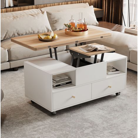 Höhenverstellbarer Couchtisch mit Klappfunktion und 4 Schubladen, 100 x 50 x 47,5 cm, ein großer und ein kleiner Hydraulik-Hubtisch, beweglicher Wohnzimmertisch mit Universalrollen, Sofatisch (1/5)