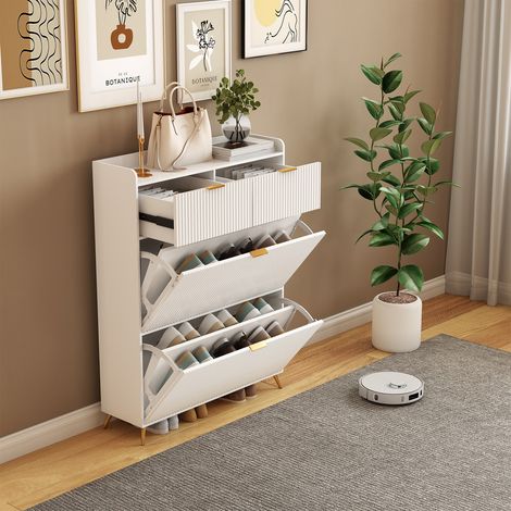 Meuble à chaussures, 80 x 23 x 110 cm, meuble de rangement, 2 tiroirs + 2 portes à abattant, étagères réglables, design peu encombrant, meuble d'entrée, matériau PB, blanc (1/5)