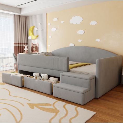 Cama infantil 90x190 cm gris aguamarina en terciopelo con 2 cajones y barrera de seguridad (1/5)