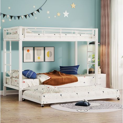 Lit superposé métal blanc 90x200 cm avec lit gigogne, barrières hautes et sommier à lattes inclus (1/5)