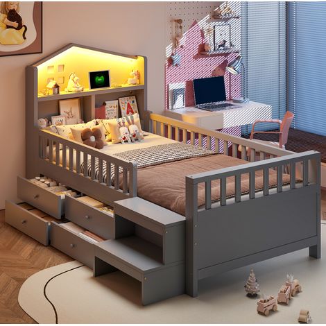 Lit enfant 90 x 200 cm avec barrière de sécurité, 4 tiroirs, LED, ports USB et Type-C, gris, REDOM (1/5)
