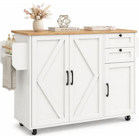 Îlot de cuisine avec rangement et table rabattable, meuble buffet mobile pour petits espaces, 2 tiroirs, 5 roulettes, gain de place, plan MDF blanc – CHICFURN (1/5)