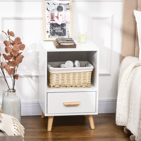 Mesita de Noche con 1 Cajón y Estante Mesa Auxiliar de Estilo Nórdico para Salón Dormitorio 40x40x62 cm Blanco (1/5)