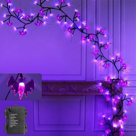 1,8 m lange Halloween-Girlande mit 54 LEDs, aus Weidenzweigen, Kürbissen und orangefarbenen Lichtern, wasserdicht, batteriebetrieben – Lila