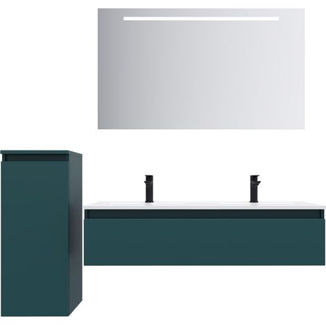 Meuble de salle de bain suspendu double vasque intégrée 120cm 1 tiroir Bleu + miroir + colonne ouverture gauche - Hudson (1/5)
