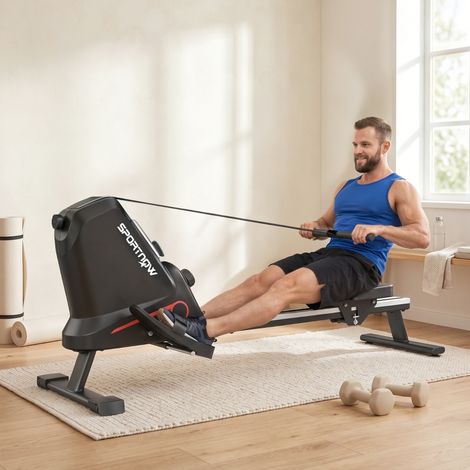 Rameur magnétique connecté Bluetooth, 16 résistances, App Zwift/Kinomap, pliable debout, noir (1/5)