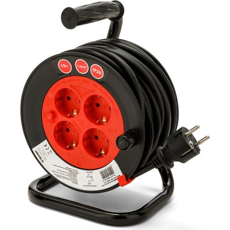 Enrouleur de câble VELAMP de 15 m avec 4 prises et protection IP20.