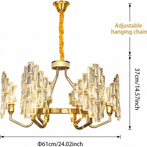 Compact lustre en cristal Ø61 cm, élégante suspension dorée avec design en verre, 6 lumières, 3 couleurs de lumière