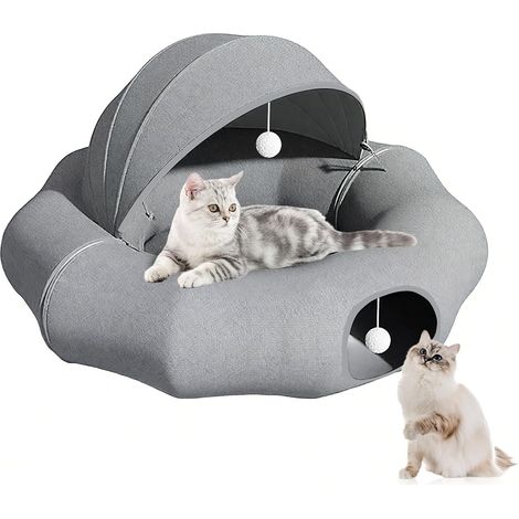 Tunnel Chat, Tunnel Chat Rond XXL, Lit Tunnels pour Chats avec Tapis Central Doux et Jouets Boules en Peluche, 2 en 1 en Forme de Donut et Lit pour Chatons, Lapins et Chiots d'Intérieur (1/5)