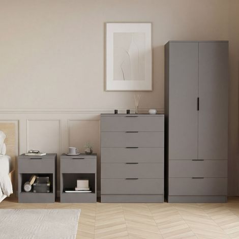 Trega 4pc Bedroom Furniture Set – 2x 1 Drawer Bedside, 5 Drawer Chest & 2 Door Wardrobe, Grey
