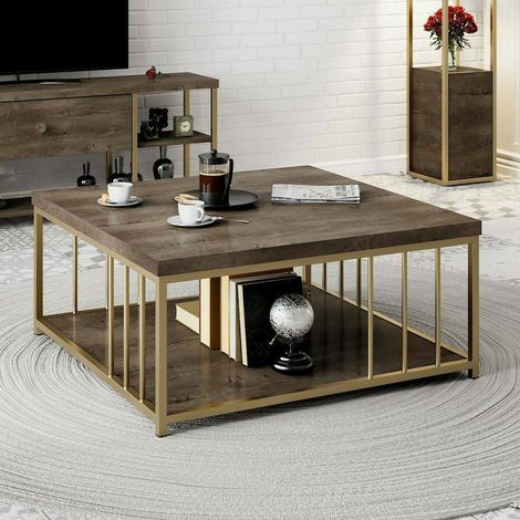 Dmora - Tavolino da salotto Ankaa, Tavolo basso da caffè, Portariviste per divano, Ripiano da soggiorno, 90x90h40 cm, Noce e Oro, con imballo rinforzato, con imballo rinforzato (1/5)