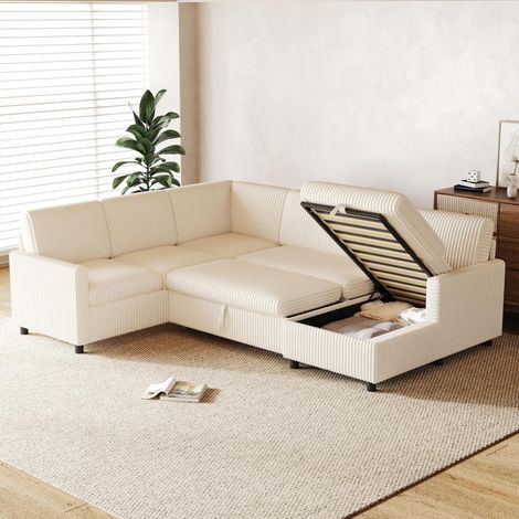 Divano angolare a U 274/220/85 cm beige in corda larga, con funzione letto estraibile e contenitore (1/5)