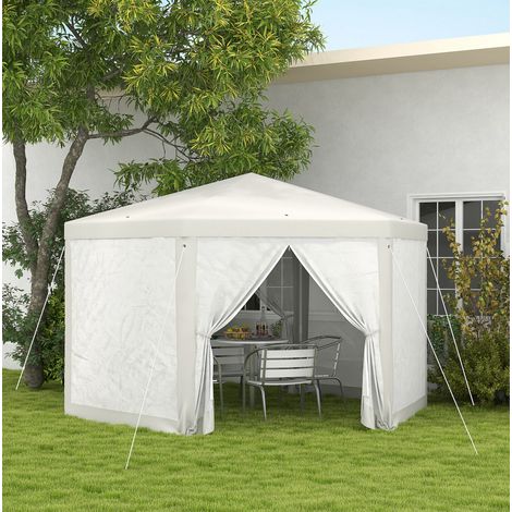 Sechseckiger Pavillon 394 x 341,2 x 250 cm aus Metall und Polyester, elfenbeinfarben – MEUBLIV (1/5)