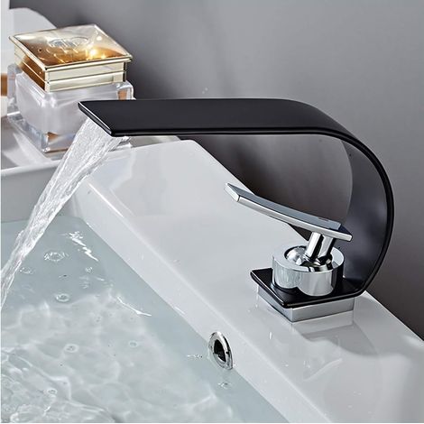 Wasserfall-Waschtischarmatur – Einhebel-Waschtischmischer aus Messing – Einloch-Waschtischarmatur – Aufsatzwaschtischarmatur mit Warm- und Kaltwasser – Chrom (schwarz) (1/5)