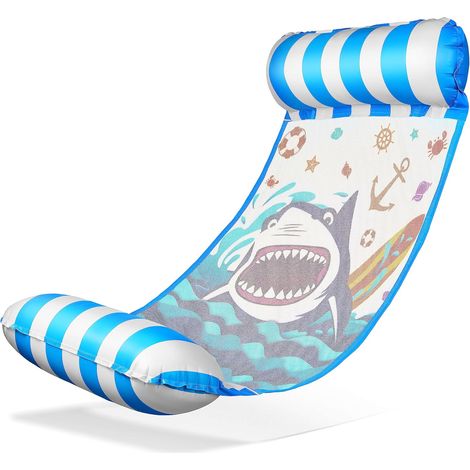 Chaise suspendue à l'eau de requin à rayures bleu-blanc (130×70 cm) – Chaise de conduite ludique avec filet de refroidissement et imprimé animal marin, parfaite pour la piscine et plus encore
