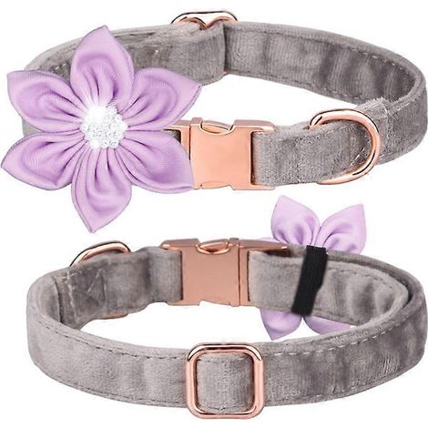 Prince Flower Schleifenhalsband für Katzen und Hunde – Funkelnde Kristalle in grauem Samt, Größe S