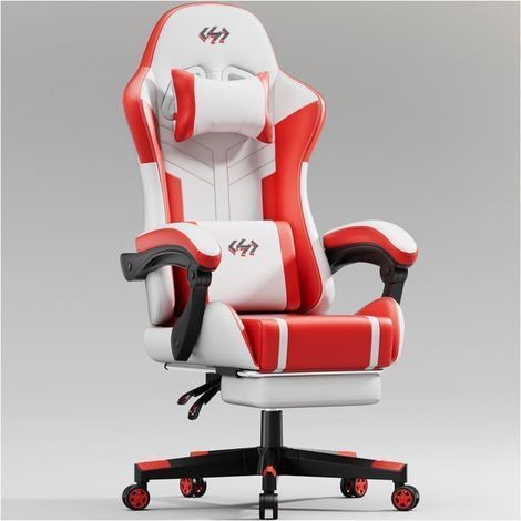 Ergonomic Armchair - Ecofurnix - Lumbar Massage Cushion - Adjustable Backrest - Footrest - White and Red
