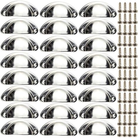 Set mit 24 antiken Muschelgriffen für Möbel. Halbkreisförmige Eisenknöpfe mit Chromoberfläche. Maße 82 x 35 mm (inkl. Schrauben).