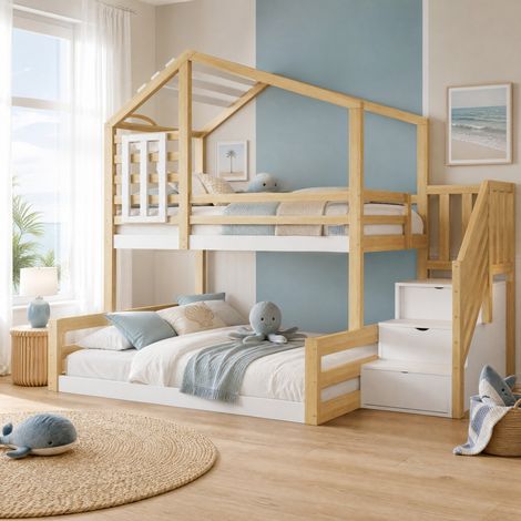 Etagenbett Hausbett 90x200/140x200 cm aus Kiefer und MDF in Natur mit Fenster, Rundum-Geländer und Treppenstauraum (1/5)
