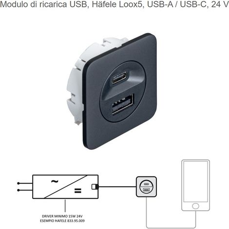 MODULO DI RICARICA 2 USB (1XUSB-A/1XUSB-C)DA INCASSARE O APPLICARE COLORE  NERO HAFELE 833.73.8091
