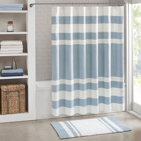 Rideau De Douche - Tissu Éponge À Rayures - 183 X 183 Cm - Bleu - 1 Pièce (1/5)