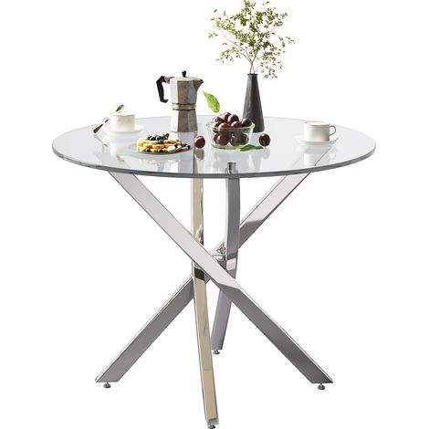 ELVMI Table à Manger Ronde avec Plateau en Verre Trempé et Pieds Métalliques Galvanisés, Salon (1/5)