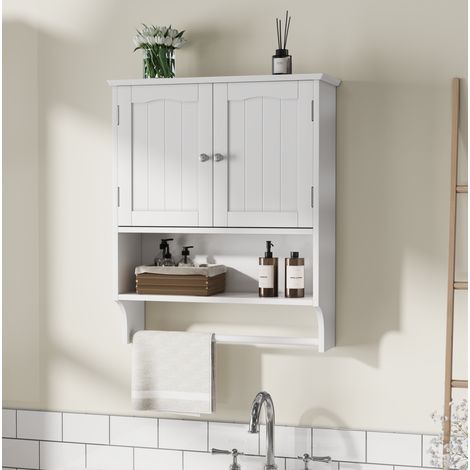 Mueble de baño de pared con toallero, estantes ajustables, 56,8 x 19 x 70 cm, blanco HAVRYA (1/5)