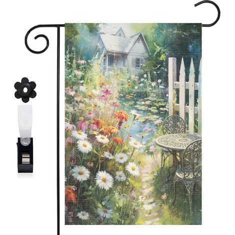 Bannière de cour clôture en bois et fleurs violettes 30 x 45 cm décoration extérieure et intérieure (1/5)