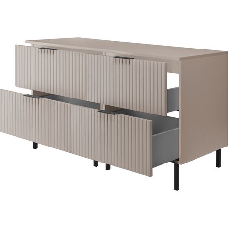 Furnidea - Meuble sous double vasque avec plan sur pieds FLOW cachemire 120 cm - 4 tiroirs - façades rainurées (1/4)